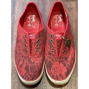 Taylor Swift x Keds Red Lace Overlay w/ Guitar Pick Charm Size 7.5 EUC!!!